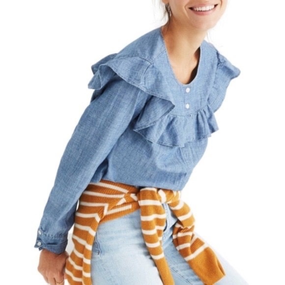 Madewell | Chambray Long Sleeve Ruffled Yoke Bib Cottage Core Prairie Blouse - Picture 1 of 15